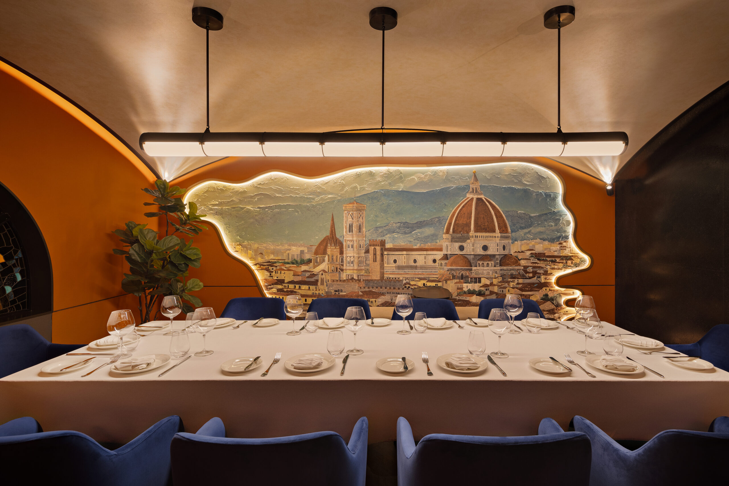 Exclusive private dining room inspired by Florence at CÁRNE Italian Restaurant Jakarta, offering a unique fine dining experience.